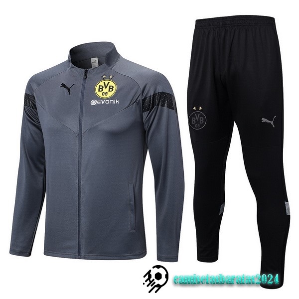 Replicas Conjunto Completo Ropa Deportiva Con Cremallera Larga Borussia Dortmund 2022 2023 Gris II Negro