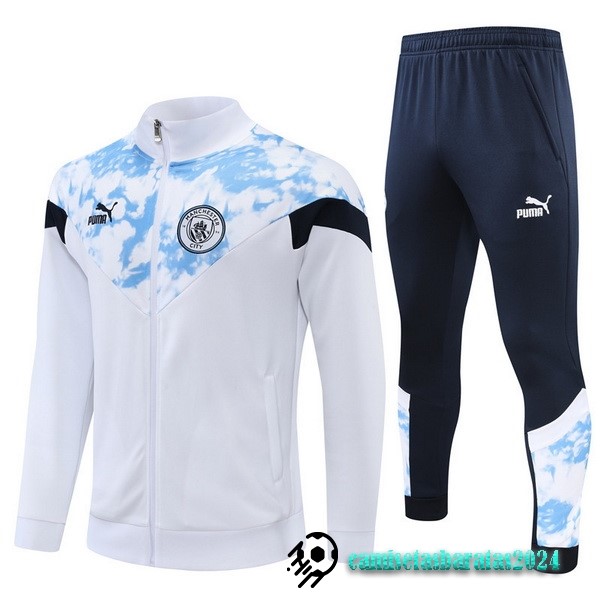 Replicas Conjunto Completo Ropa Deportiva Con Cremallera Larga Manchester City 2022 2023 Blanco Azul