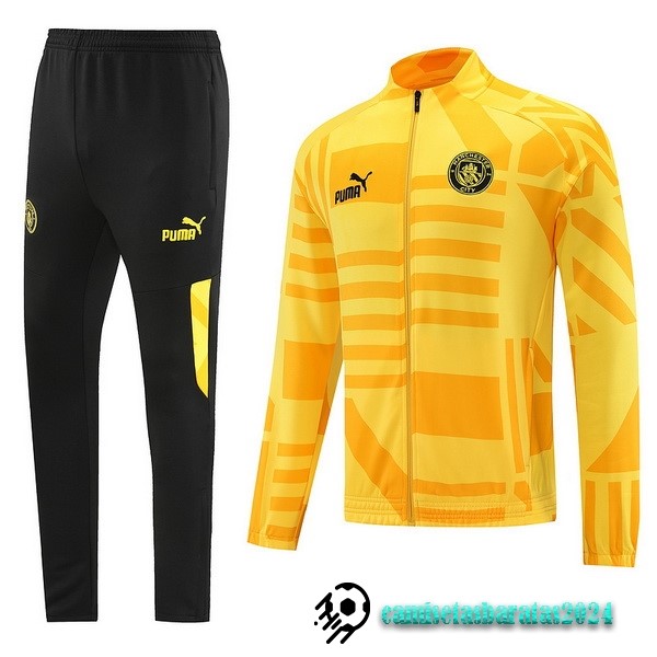 Replicas Conjunto Completo Ropa Deportiva Con Cremallera Larga Manchester City 2022 2023 Negro Amarillo