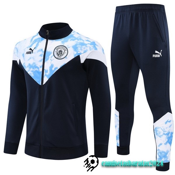 Replicas Conjunto Completo Ropa Deportiva Con Cremallera Larga Niños Manchester City 2022 2023 Azul Marino Blanco