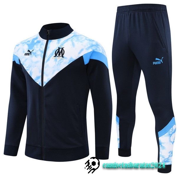 Replicas Conjunto Completo Ropa Deportiva Con Cremallera Larga Niños Marsella 2022 2023 Azul Marino Blanco