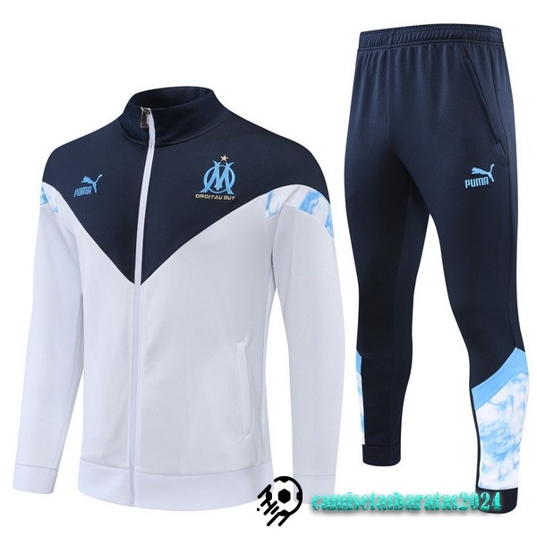 Replicas Conjunto Completo Ropa Deportiva Con Cremallera Larga Niños Marsella 2022 2023 Blanco Azul Marino