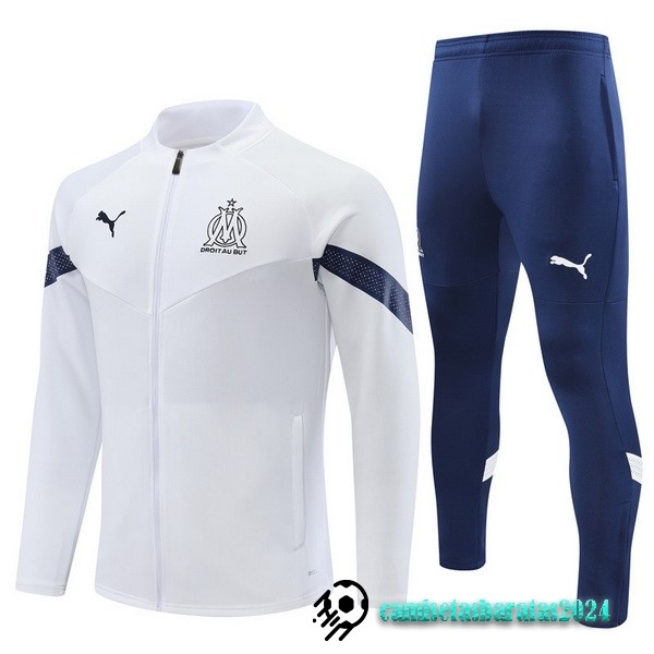 Replicas Conjunto Completo Ropa Deportiva Con Cremallera Larga Niños Marsella 2022 2023 Blanco I Azul Marino