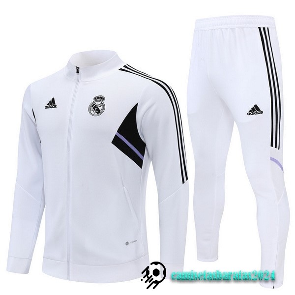 Replicas Conjunto Completo Ropa Deportiva Con Cremallera Larga Niños Real Madrid 2022 2023 Blanco