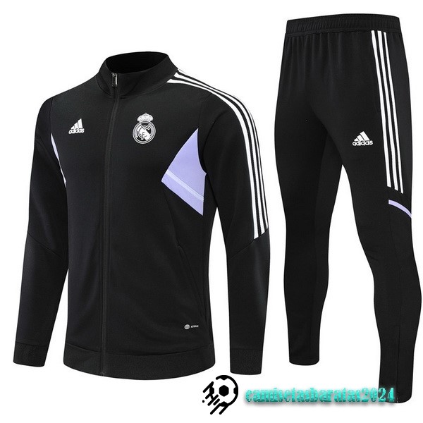 Replicas Conjunto Completo Ropa Deportiva Con Cremallera Larga Niños Real Madrid 2022 2023 Negro II Purpura